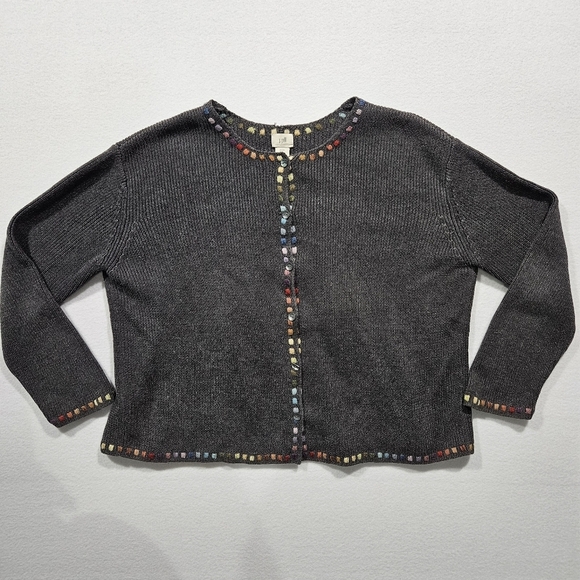 J Jill Cardigan Sweater XSP Petite Embroidered Gray Rainbow Long‎ Sleeve Ramie - Picture 1 of 11